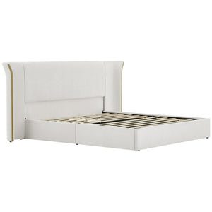 English Elm King Wingback Upholstered Bed Soft Chenille Fabric Tall Padded Headboard Bedroom King Beige W487S00641