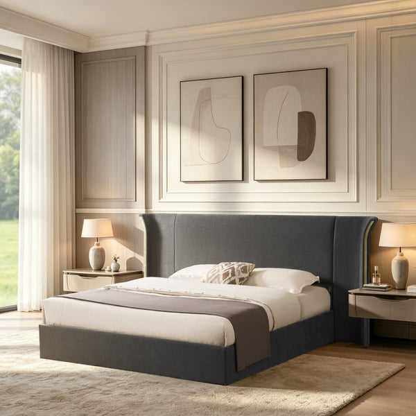English Elm King Wingback Upholstered Bed Soft Chenille Fabric Tall Padded Headboard Bedroom Queen Dark Gray W487S00642