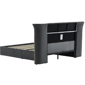 English Elm King Wingback Upholstered Bed Soft Chenille Fabric Tall Padded Headboard Bedroom Queen Dark Gray W487S00642