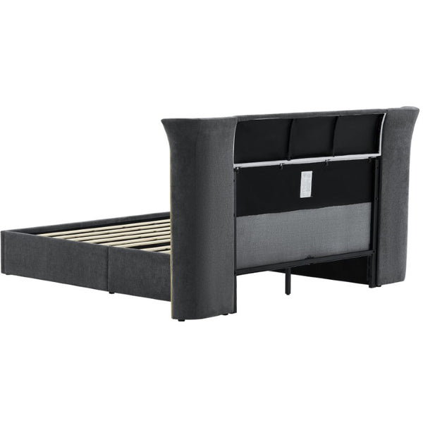 English Elm King Wingback Upholstered Bed Soft Chenille Fabric Tall Padded Headboard Bedroom Queen Dark Gray W487S00642