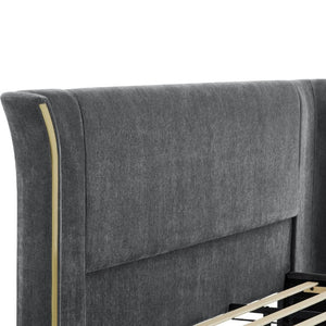 English Elm King Wingback Upholstered Bed Soft Chenille Fabric Tall Padded Headboard Bedroom Queen Dark Gray W487S00642