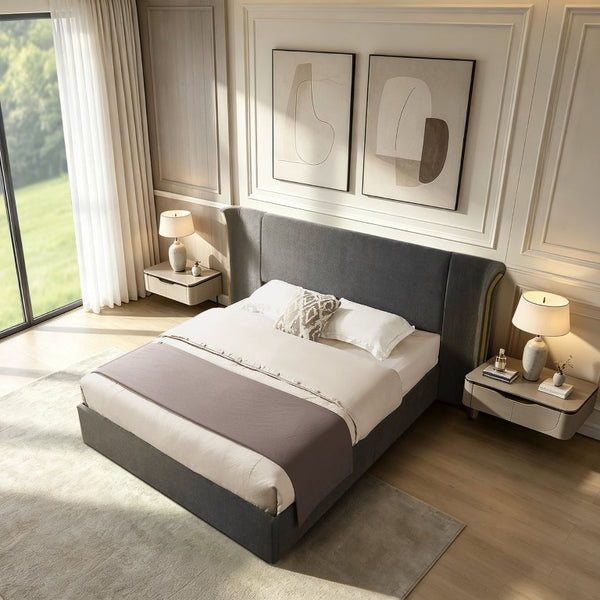 English Elm King Wingback Upholstered Bed Soft Chenille Fabric Tall Padded Headboard Bedroom Queen Dark Gray W487S00642