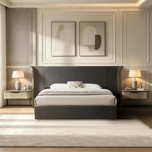 English Elm King Wingback Upholstered Bed Soft Chenille Fabric Tall Padded Headboard Bedroom Queen Dark Gray W487S00642