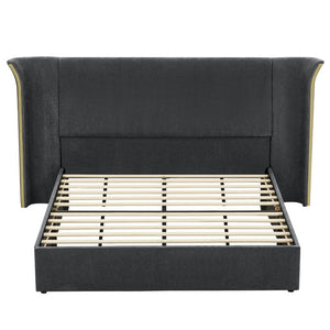 English Elm King Wingback Upholstered Bed Soft Chenille Fabric Tall Padded Headboard Bedroom Queen Dark Gray W487S00642