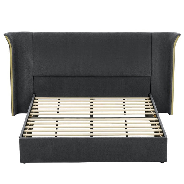 English Elm King Wingback Upholstered Bed Soft Chenille Fabric Tall Padded Headboard Bedroom Queen Dark Gray W487S00642