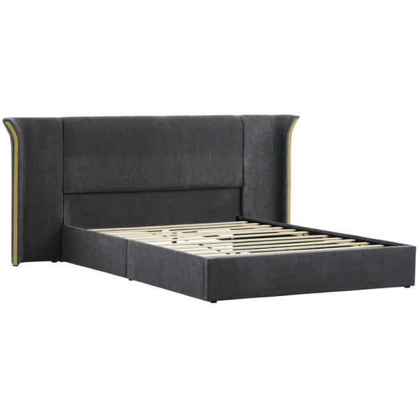 English Elm King Wingback Upholstered Bed Soft Chenille Fabric Tall Padded Headboard Bedroom Queen Dark Gray W487S00642