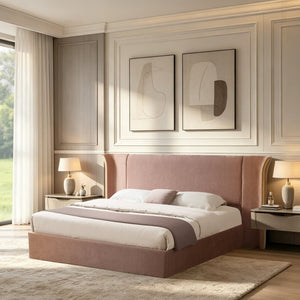 English Elm King Wingback Upholstered Bed Soft Chenille Fabric Tall Padded Headboard Bedroom Queen Pink W487S00643