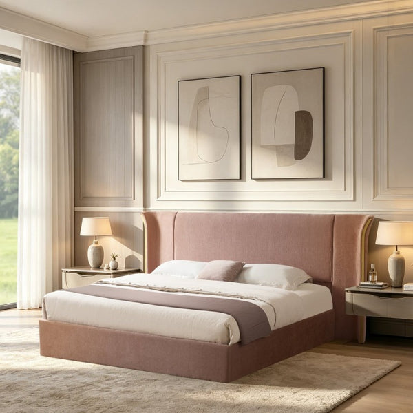 English Elm King Wingback Upholstered Bed Soft Chenille Fabric Tall Padded Headboard Bedroom Queen Pink W487S00643
