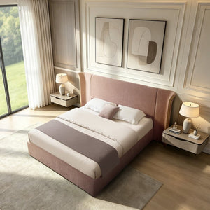 English Elm King Wingback Upholstered Bed Soft Chenille Fabric Tall Padded Headboard Bedroom Queen Pink W487S00643