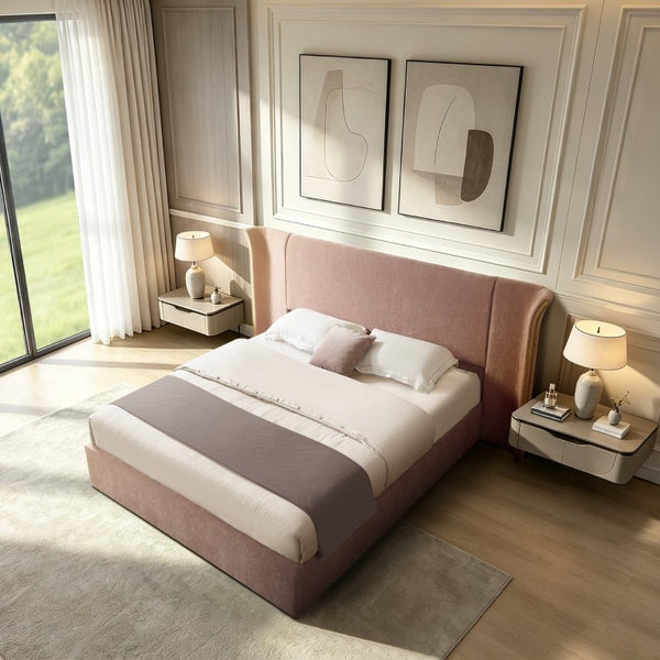 English Elm King Wingback Upholstered Bed Soft Chenille Fabric Tall Padded Headboard Bedroom Queen Pink W487S00643