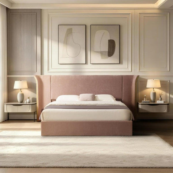 English Elm King Wingback Upholstered Bed Soft Chenille Fabric Tall Padded Headboard Bedroom Queen Pink W487S00643