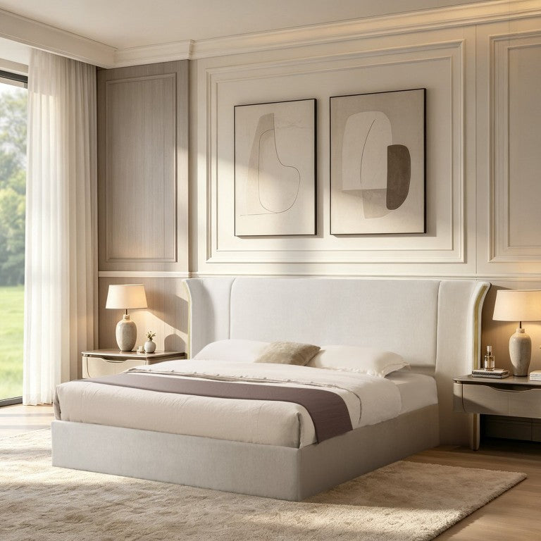 English Elm Queen Wingback Upholstered Bed Chenille Fabric High Headboard Boutique Bedroom Frame Queen Beige W487S00644