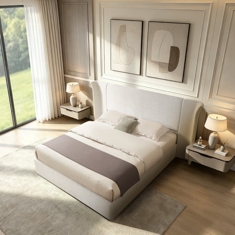 English Elm Queen Wingback Upholstered Bed Chenille Fabric High Headboard Boutique Bedroom Frame Queen Beige W487S00644