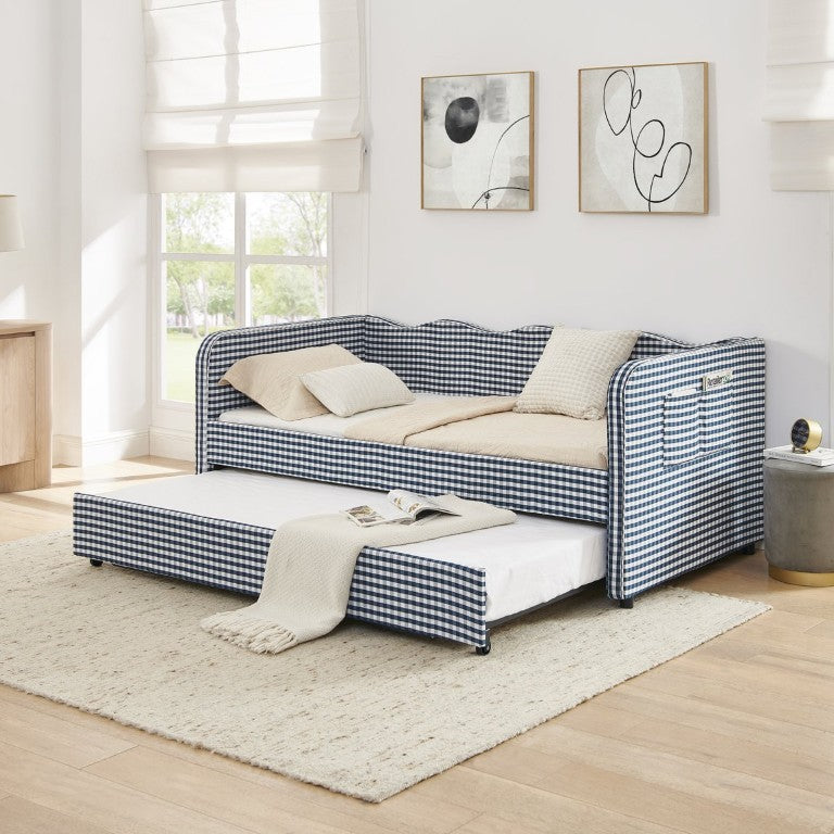 English Elm Twin‑size Gingham Daybed Sofa with Pull-Out Trundle Converts to King Sleeping Surface W487S00655