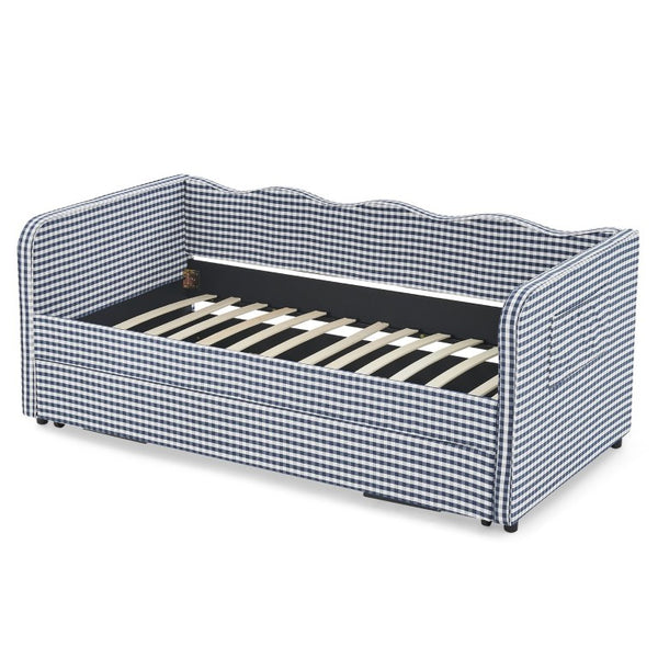 English Elm Twin‑size Gingham Daybed Sofa with Pull-Out Trundle Converts to King Sleeping Surface W487S00655