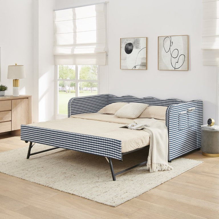 English Elm Twin‑size Gingham Daybed Sofa with Pull-Out Trundle Converts to King Sleeping Surface W487S00655