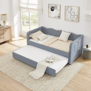 English Elm Twin‑size Gingham Daybed Sofa with Pull-Out Trundle Converts to King Sleeping Surface W487S00655