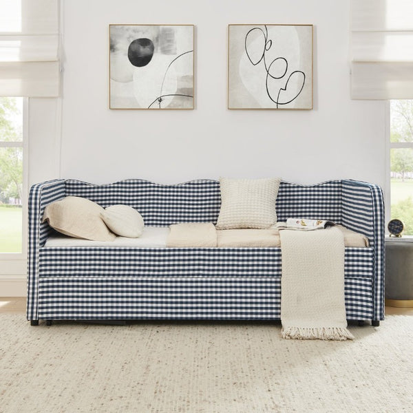 English Elm Twin‑size Gingham Daybed Sofa with Pull-Out Trundle Converts to King Sleeping Surface W487S00655