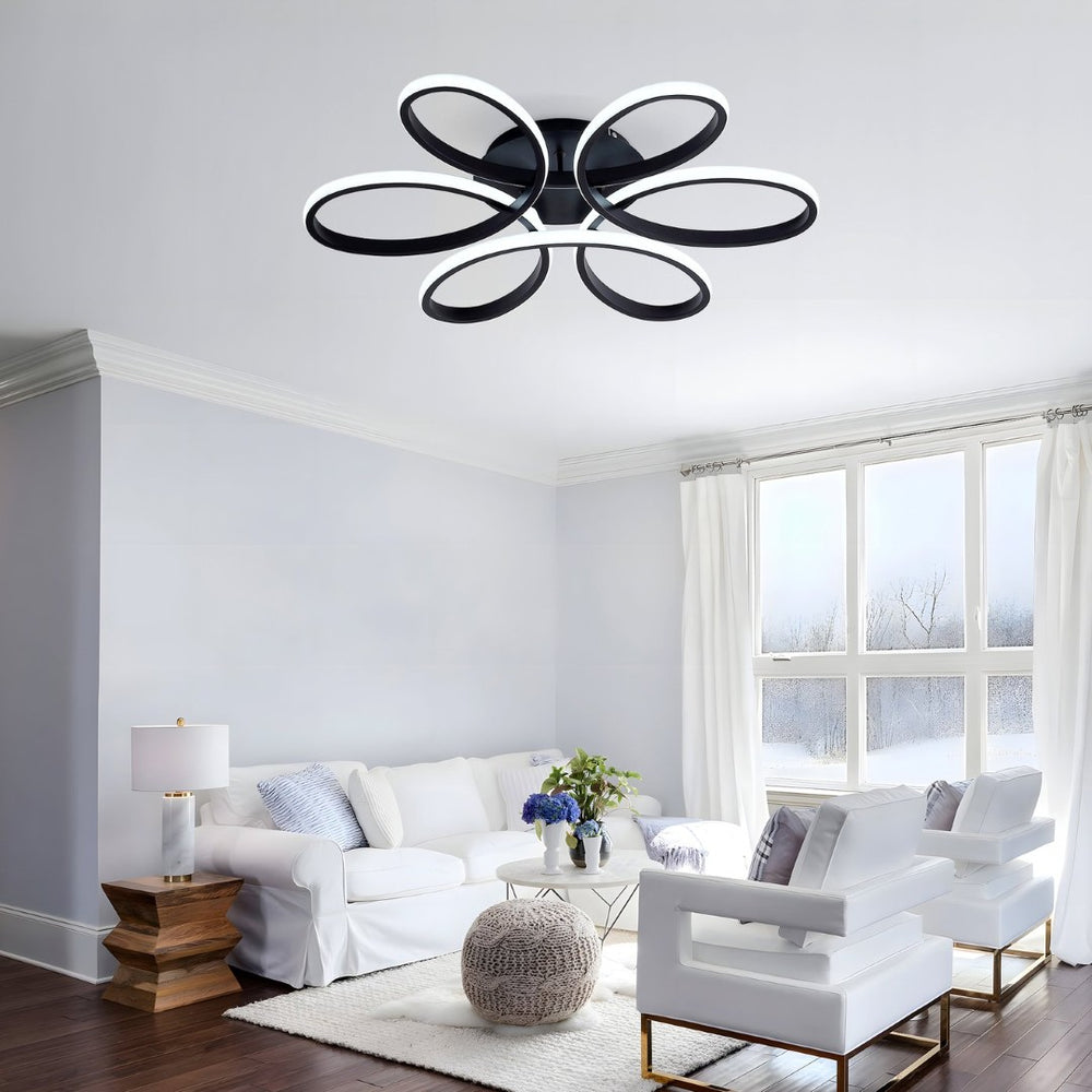 English Elm 23 Inch Six Ring Flower Flush Mount Led Ceiling Light Matte Black Dimmable Fixture W5008P467008