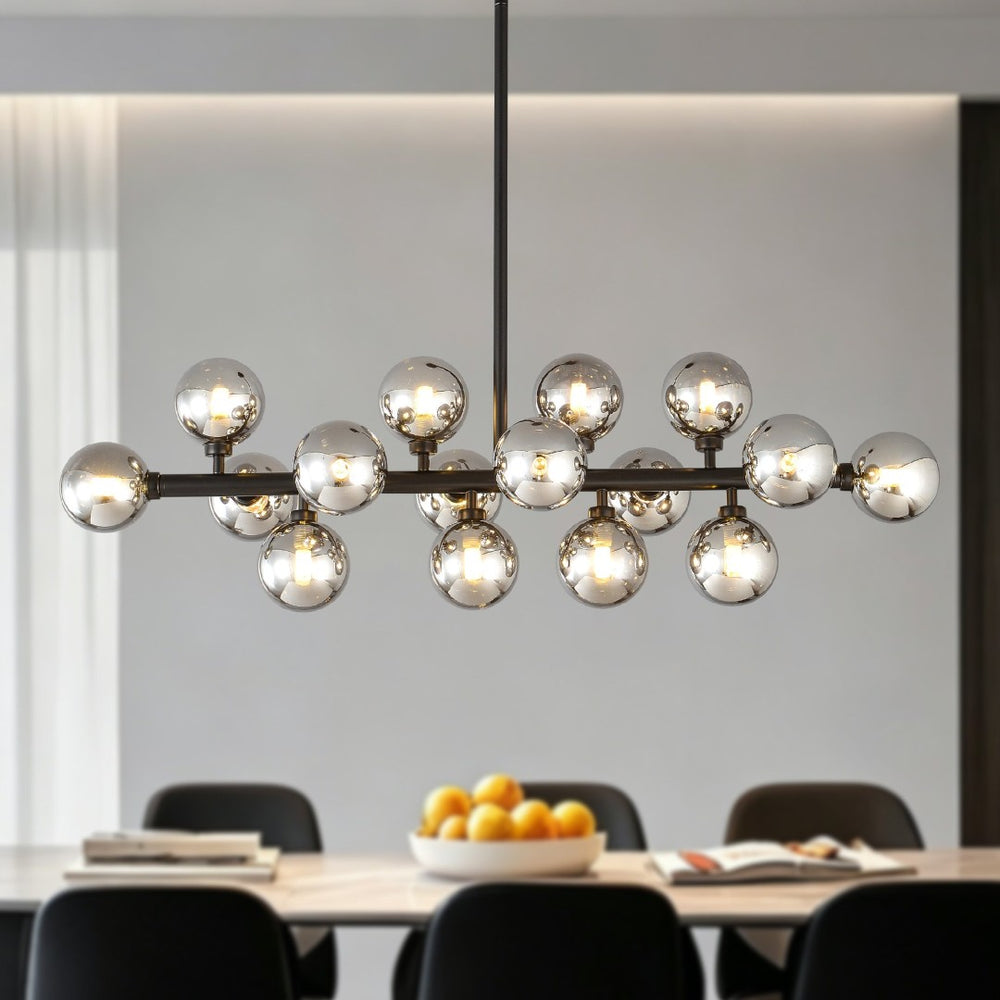 English Elm Pendant Chandelier with Seeded Glass Shades Sixteen Bulb Farmhouse Dining Fixture Matte Black / Smoke Grey W5008P509979