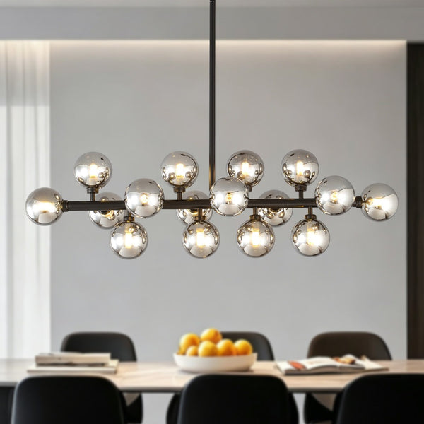 English Elm Pendant Chandelier with Seeded Glass Shades Sixteen Bulb Farmhouse Dining Fixture Matte Black / Smoke Grey W5008P509979