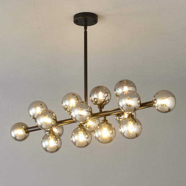 English Elm Pendant Chandelier with Seeded Glass Shades Sixteen Bulb Farmhouse Dining Fixture Matte Black / Smoke Grey W5008P509979