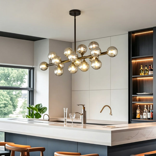 English Elm Pendant Chandelier with Seeded Glass Shades Sixteen Bulb Farmhouse Dining Fixture Matte Black / Smoke Grey W5008P509979