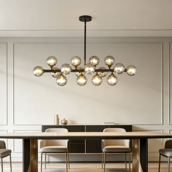 English Elm Pendant Chandelier with Seeded Glass Shades Sixteen Bulb Farmhouse Dining Fixture Matte Black / Smoke Grey W5008P509979