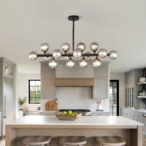 English Elm Pendant Chandelier with Seeded Glass Shades Sixteen Bulb Farmhouse Dining Fixture Matte Black / Smoke Grey W5008P509979