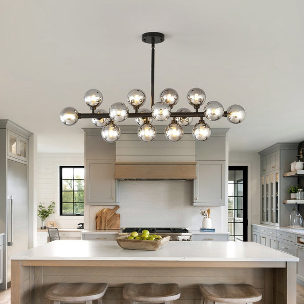 English Elm Pendant Chandelier with Seeded Glass Shades Sixteen Bulb Farmhouse Dining Fixture Matte Black / Smoke Grey W5008P509979