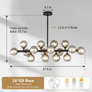 English Elm Pendant Chandelier with Seeded Glass Shades Sixteen Bulb Farmhouse Dining Fixture Matte Black / Smoke Grey W5008P509979