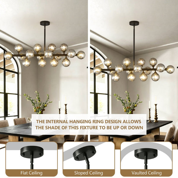 English Elm Pendant Chandelier with Seeded Glass Shades Sixteen Bulb Farmhouse Dining Fixture Matte Black / Smoke Grey W5008P509979