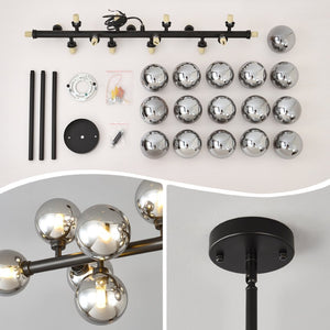 English Elm Pendant Chandelier with Seeded Glass Shades Sixteen Bulb Farmhouse Dining Fixture Matte Black / Smoke Grey W5008P509979