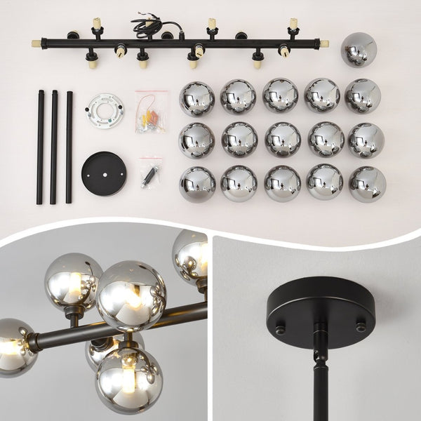 English Elm Pendant Chandelier with Seeded Glass Shades Sixteen Bulb Farmhouse Dining Fixture Matte Black / Smoke Grey W5008P509979