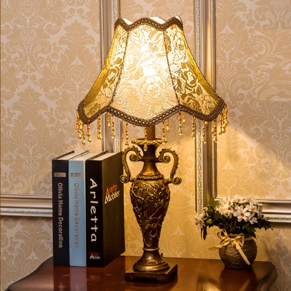 English Elm Classical Antique Brass Resin Table Lamp with Floral Fabric Shade for Bedroom Ambiance W5008P510515