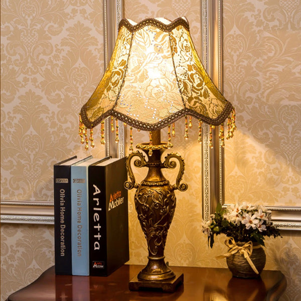 English Elm Classical Antique Brass Resin Table Lamp with Floral Fabric Shade for Bedroom Ambiance W5008P510515
