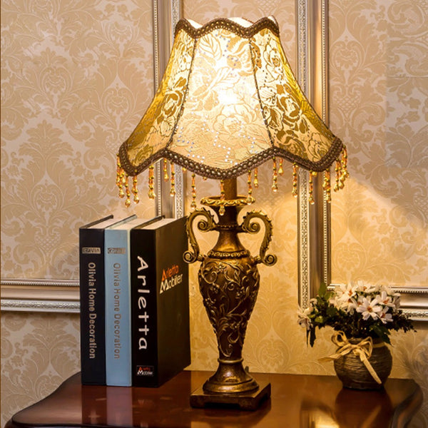 English Elm Classical Antique Brass Resin Table Lamp with Floral Fabric Shade for Bedroom Ambiance W5008P510515
