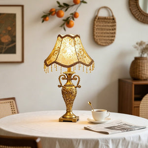 English Elm Classical Antique Brass Resin Table Lamp with Floral Fabric Shade for Bedroom Ambiance W5008P510515