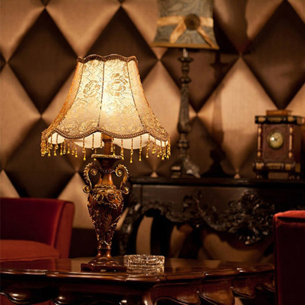 English Elm Classical Antique Brass Resin Table Lamp with Floral Fabric Shade for Bedroom Ambiance W5008P510515