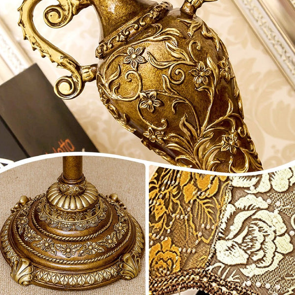 English Elm Classical Antique Brass Resin Table Lamp with Floral Fabric Shade for Bedroom Ambiance W5008P510515