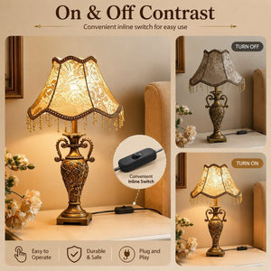 English Elm Classical Antique Brass Resin Table Lamp with Floral Fabric Shade for Bedroom Ambiance W5008P510515