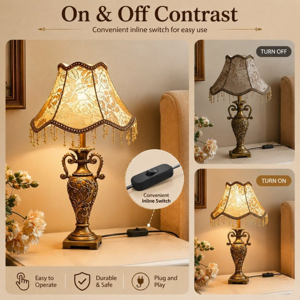 English Elm Classical Antique Brass Resin Table Lamp with Floral Fabric Shade for Bedroom Ambiance W5008P510515