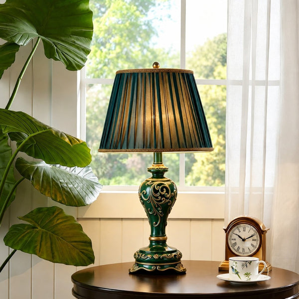 English Elm Farmhouse Carved Resin Table Lamp with Built-in Nightlight for Bedroom or Living Room W5008P511007