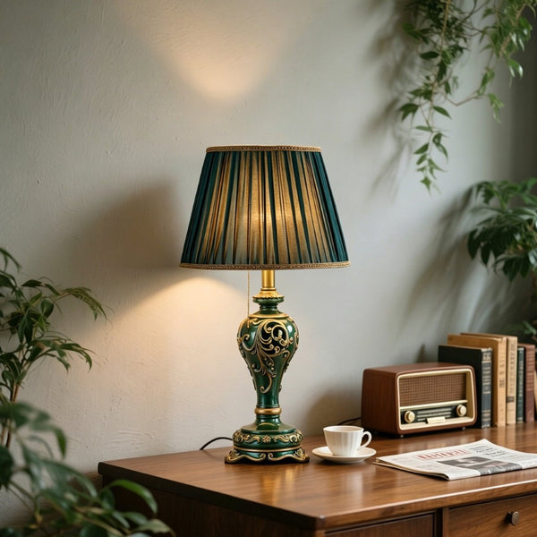 English Elm Farmhouse Carved Resin Table Lamp with Built-in Nightlight for Bedroom or Living Room W5008P511007