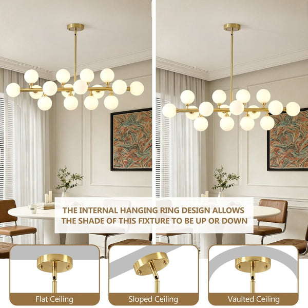 English Elm Pendant Chandelier with Seeded Glass Shades Sixteen Bulb Farmhouse Dining Fixture Gold W5008P511103