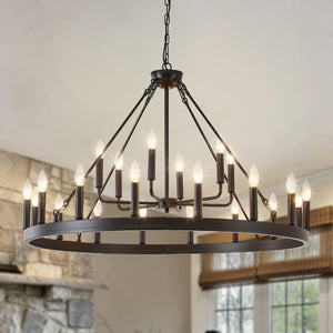 English Elm 40'' Two-tier Wagon Wheel Chandelier 22-light Matte Black Farmhouse Foyer Fixture W5008P511201