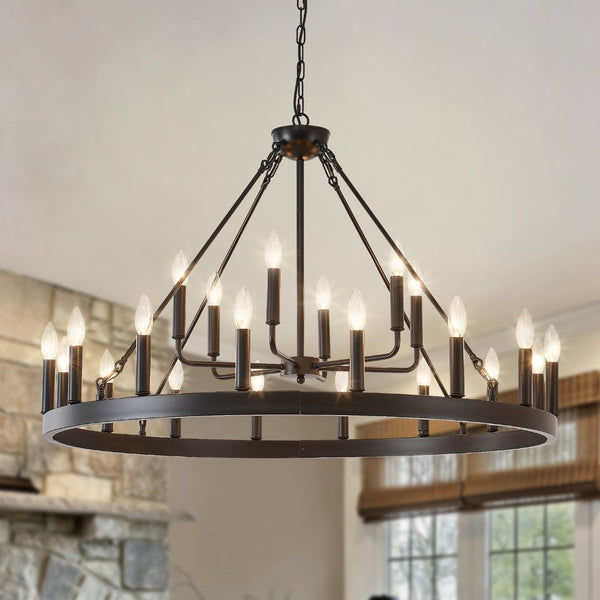 English Elm 40'' Two-tier Wagon Wheel Chandelier 22-light Matte Black Farmhouse Foyer Fixture W5008P511201