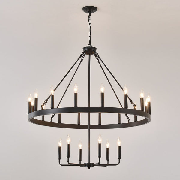 English Elm 40'' Two-tier Wagon Wheel Chandelier 22-light Matte Black Farmhouse Foyer Fixture W5008P511201
