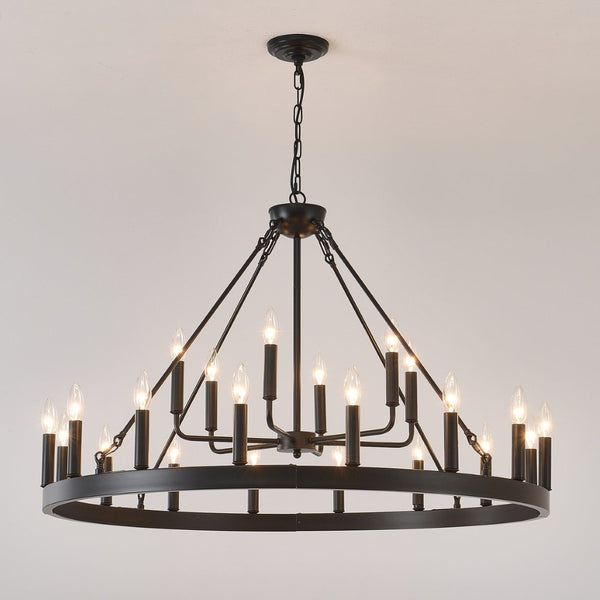 English Elm 40'' Two-tier Wagon Wheel Chandelier 22-light Matte Black Farmhouse Foyer Fixture W5008P511201