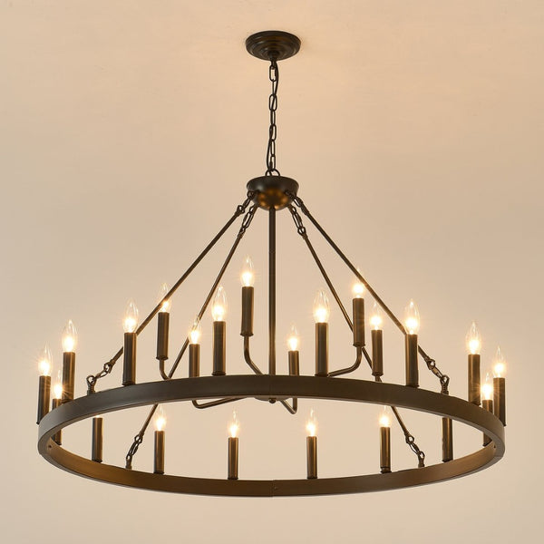 English Elm 40'' Two-tier Wagon Wheel Chandelier 22-light Matte Black Farmhouse Foyer Fixture W5008P511201